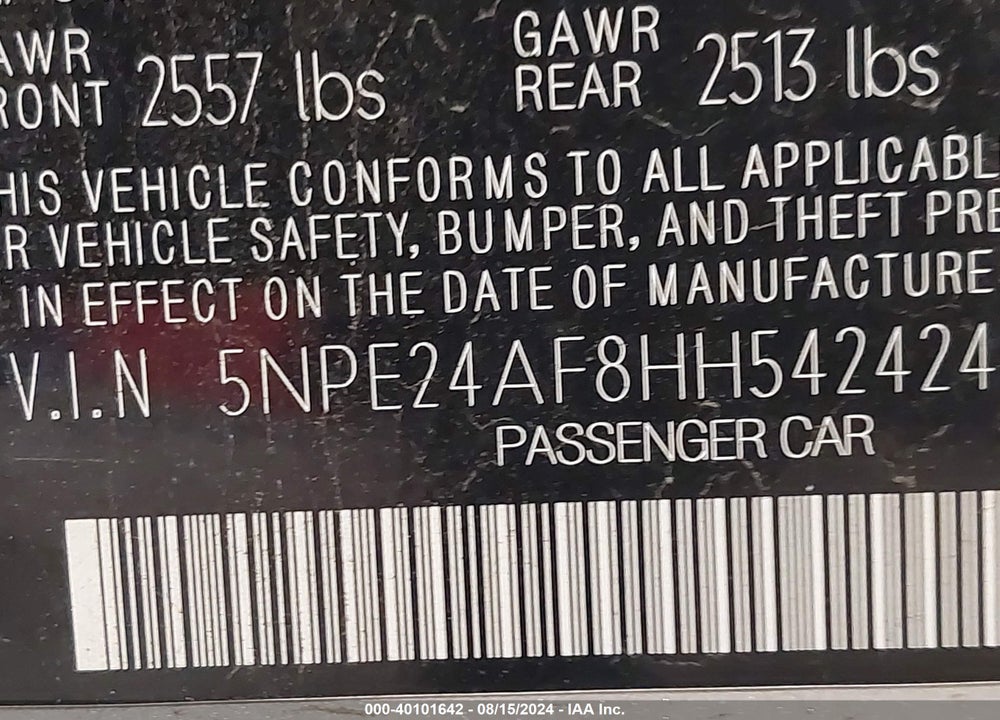 2017 HYUNDAI SONATA VIN: 5NPE24AF8HH542424