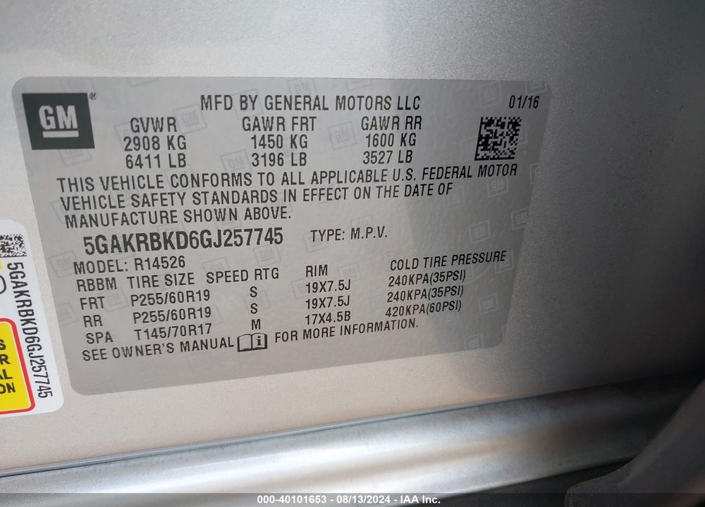 2016 BUICK ENCLAVE LEATHER VIN: 5GAKRBKD6GJ257745