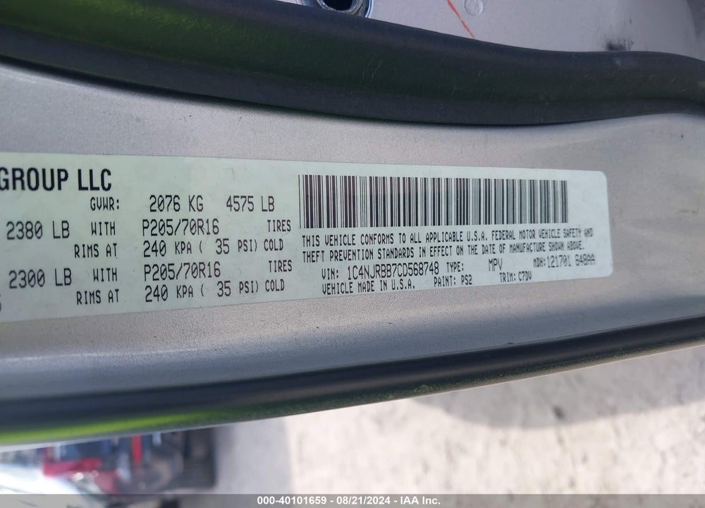 2012 JEEP PATRIOT SPORT VIN: 1C4NJRBB7CD568748