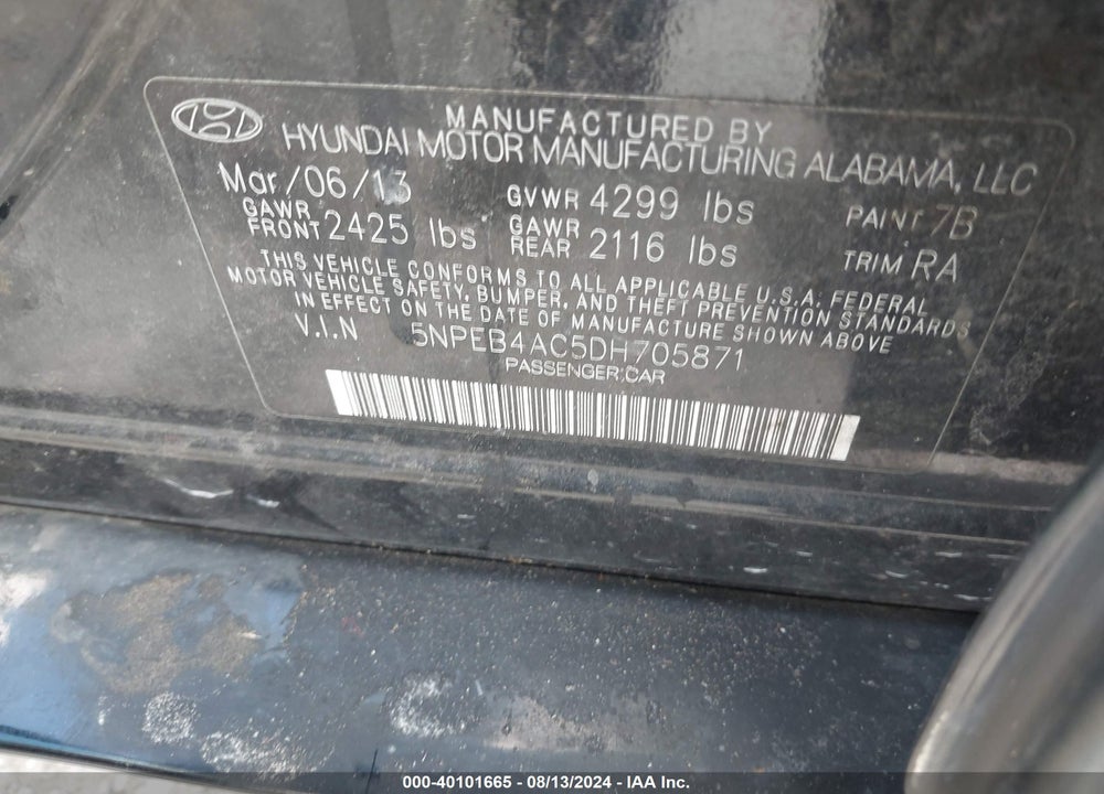 2013 HYUNDAI SONATA GLS VIN: 5NPEB4AC5DH705871