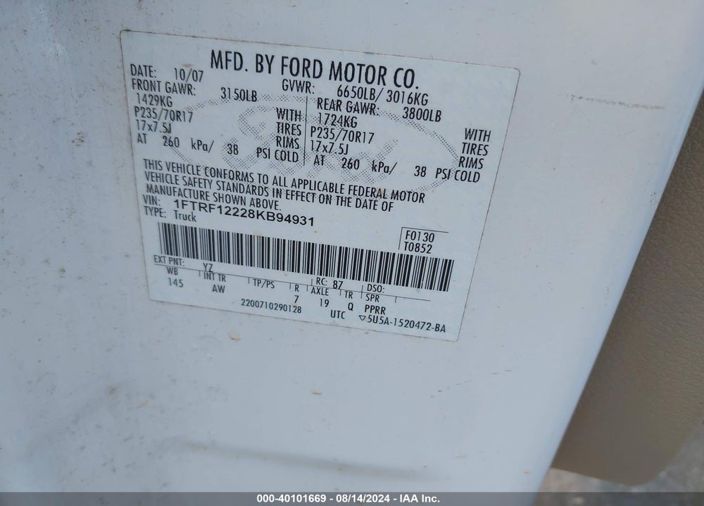 2008 FORD F-150 STX/XL/XLT VIN: 1FTRF12228KB94931
