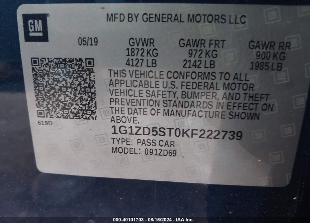2019 CHEVROLET MALIBU LT VIN: 1G1ZD5ST0KF222739