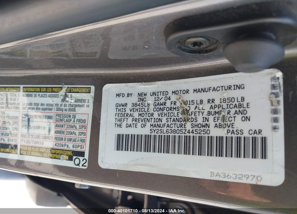 2005 PONTIAC VIBE VIN: 5Y2SL63805Z445250