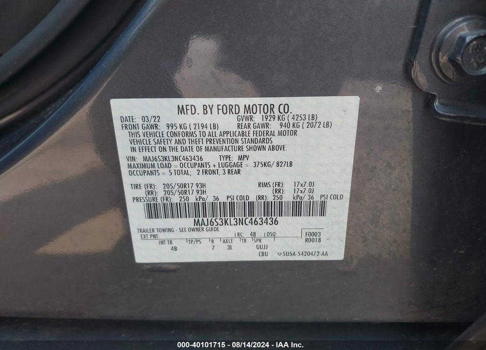 2022 FORD ECOSPORT TITANIUM VIN: MAJ6S3KL3NC463436