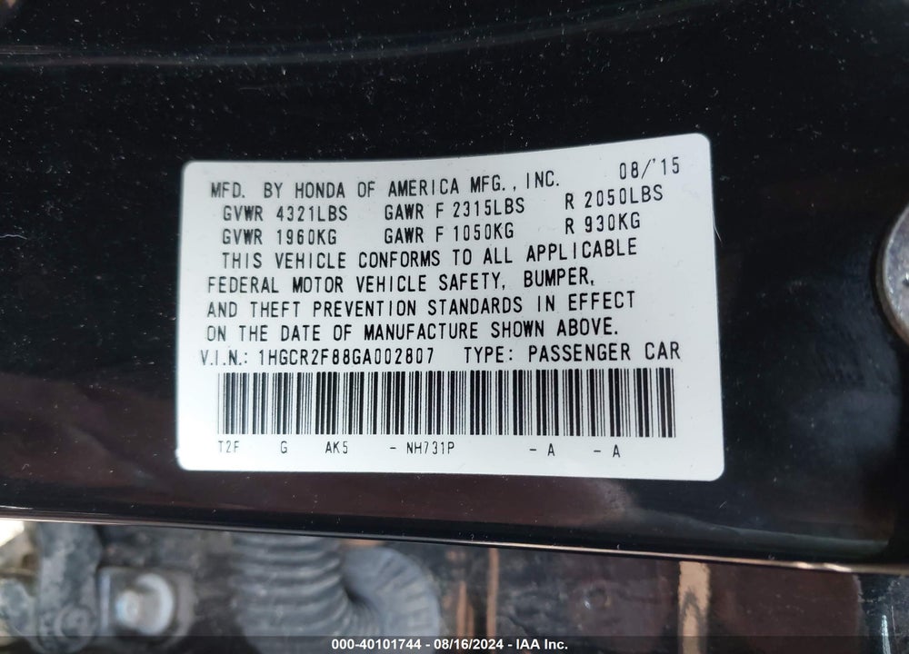 2016 HONDA ACCORD EX-L VIN: 1HGCR2F88GA002807
