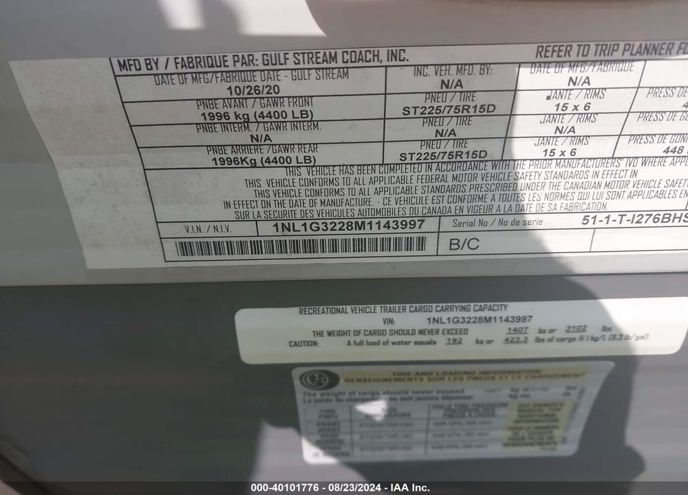 2021 GULF STREAM INNSBRUCK SUPREME SE VIN: 1NL1G3228M1143997