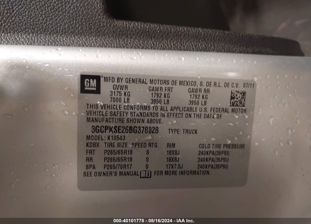 2011 CHEVROLET SILVERADO 1500 LT VIN: 3GCPKSE26BG378028