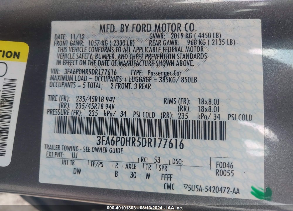 2013 FORD FUSION SE VIN: 3FA6P0HR5DR177616