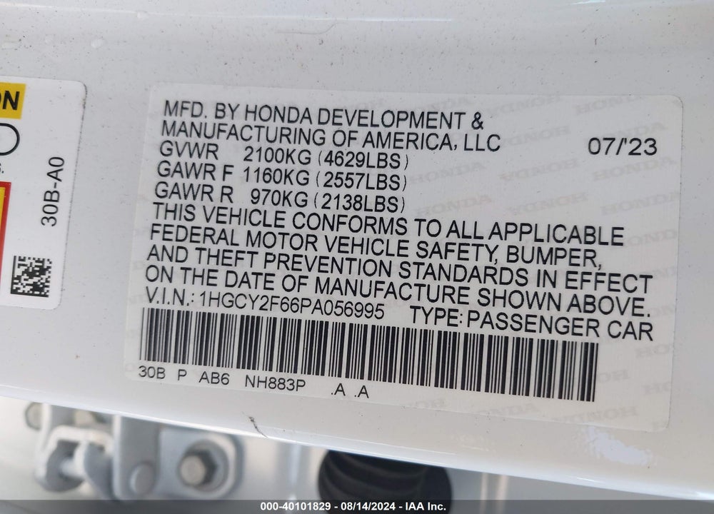 2023 HONDA ACCORD HYBRID EX-L VIN: 1HGCY2F66PA056995