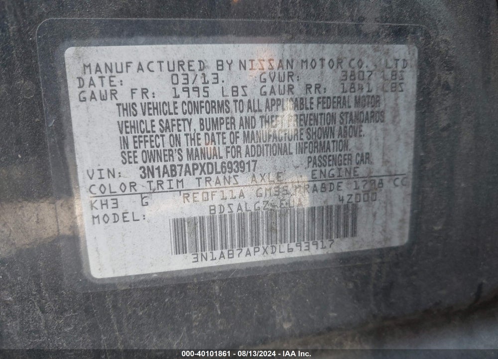 2013 NISSAN SENTRA SL VIN: 3N1AB7APXDL693917