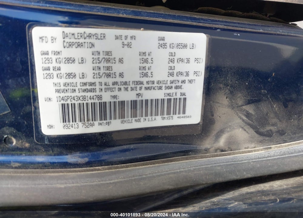 2003 DODGE GRAND CARAVAN SE VIN: 1D4GP243X3B144788