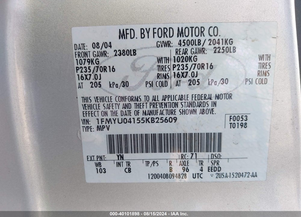 2005 FORD ESCAPE LIMITED VIN: 1FMYU04155KB25609