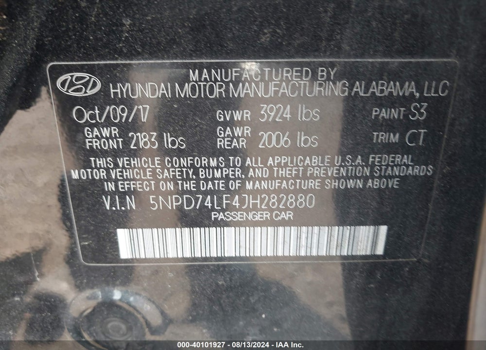 2018 HYUNDAI ELANTRA SE VIN: 5NPD74LF4JH282880