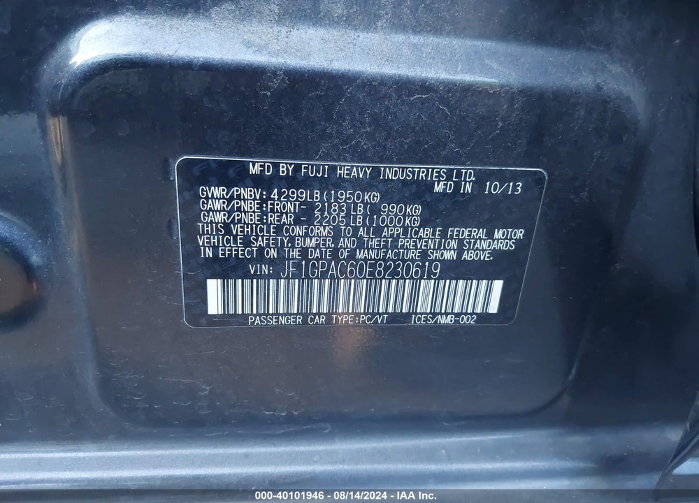 2014 SUBARU IMPREZA 2.0I PREMIUM VIN: JF1GPAC60E8230619