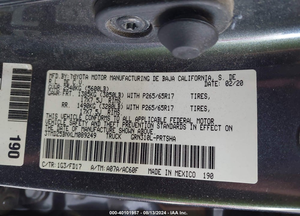 2020 TOYOTA TACOMA TRD SPORT VIN: 3TMDZ5BNXLM089249