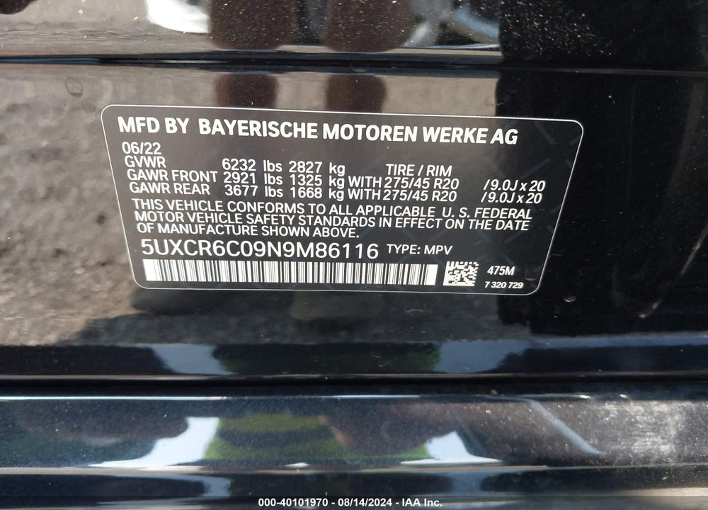 2022 BMW X5 XDRIVE40I VIN: 5UXCR6C09N9M86116