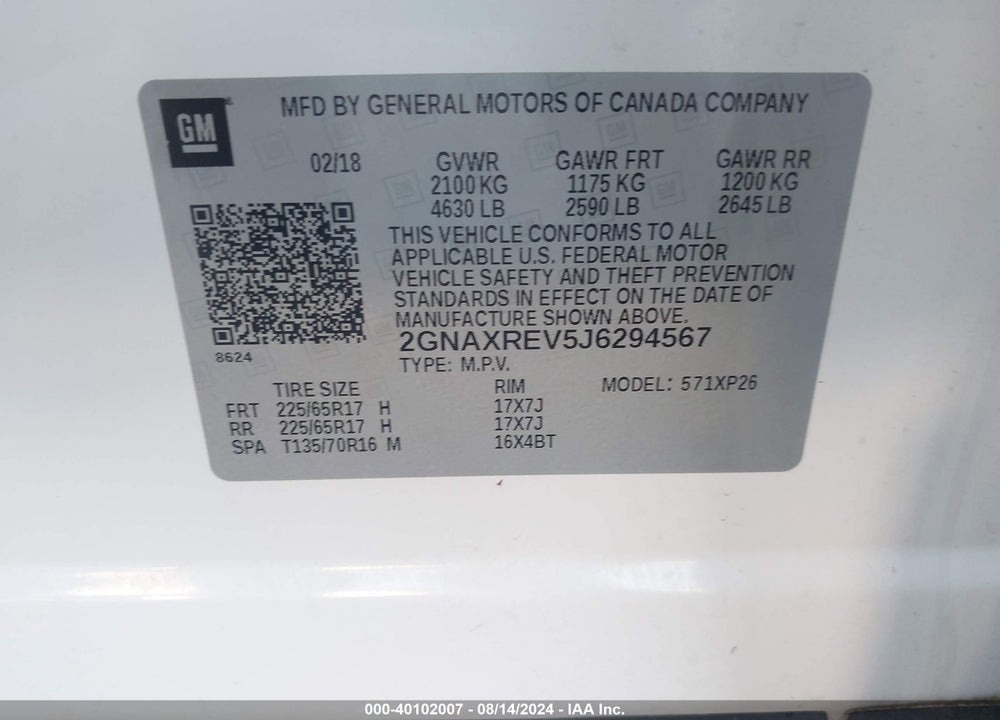 2018 CHEVROLET EQUINOX LS VIN: 2GNAXREV5J6294567