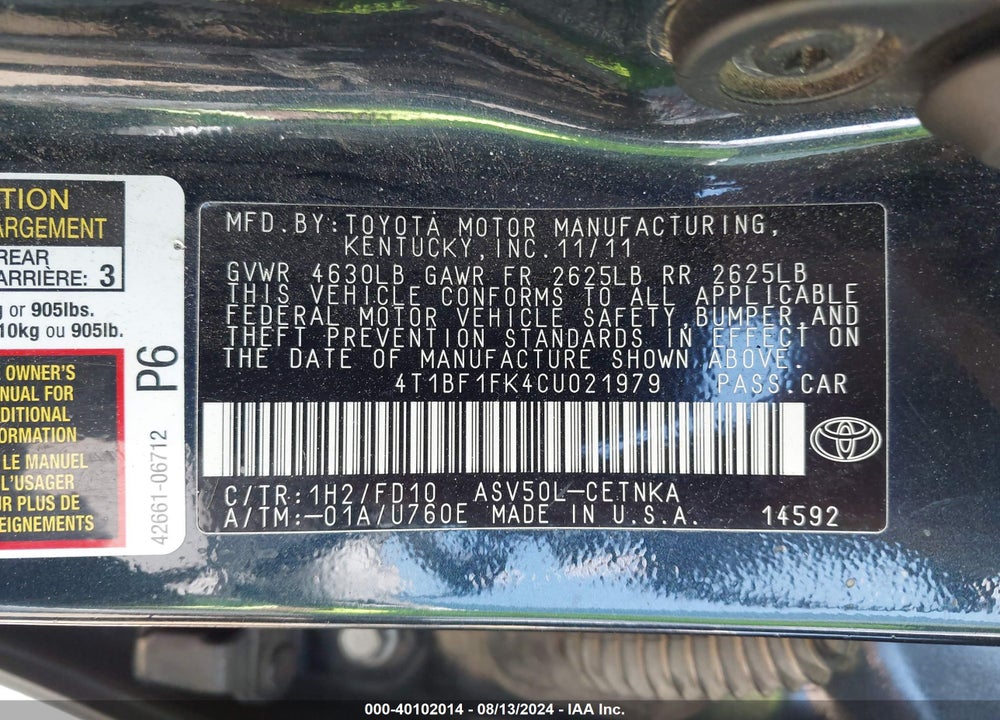 2012 TOYOTA CAMRY LE VIN: 4T1BF1FK4CU021979