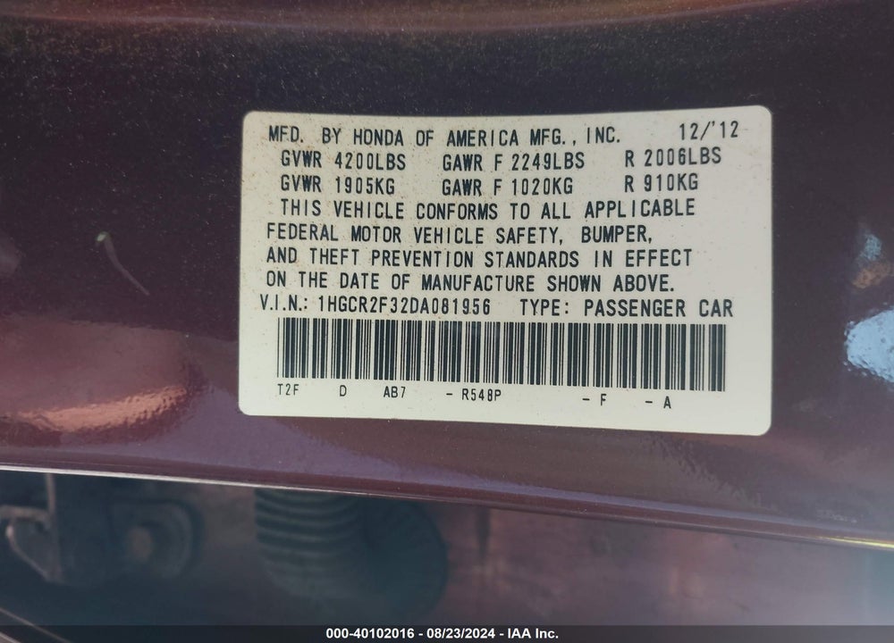 2013 HONDA ACCORD LX VIN: 1HGCR2F32DA081956
