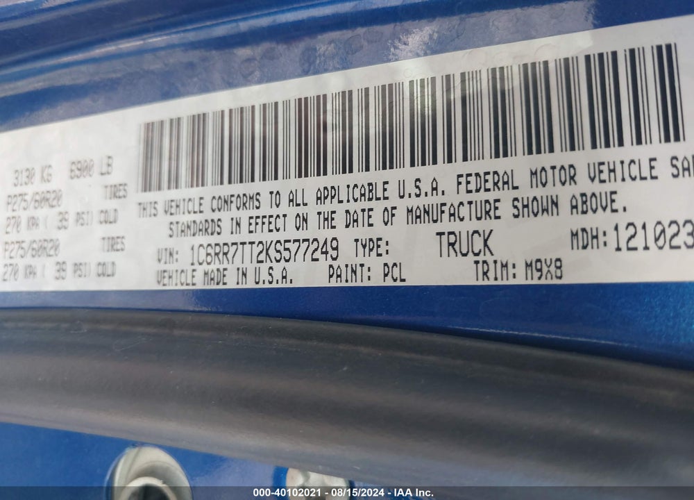 2019 RAM 1500 CLASSIC BIG HORN 4X4 6'4 BOX VIN: 1C6RR7TT2KS577249