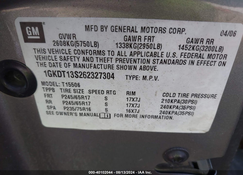 2006 GMC ENVOY SLE VIN: 1GKDT13S262327304