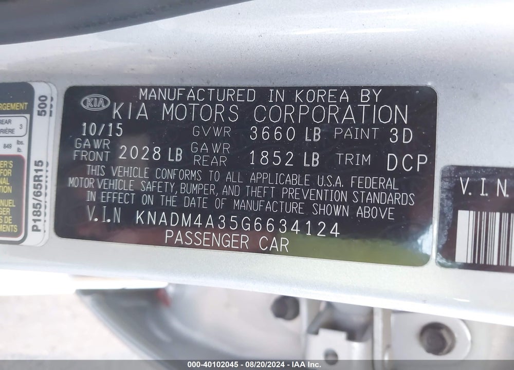 2016 KIA RIO LX VIN: KNADM4A35G6634124