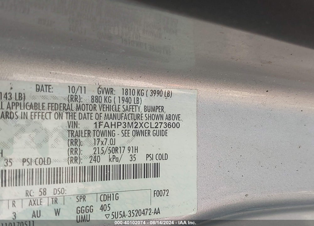 2012 FORD FOCUS SEL VIN: 1FAHP3M2XCL273600