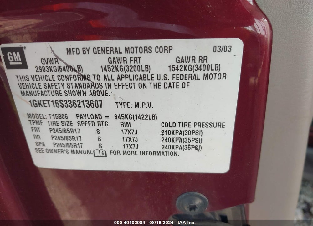 2003 GMC ENVOY XL SLE VIN: 1GKET16S336213607