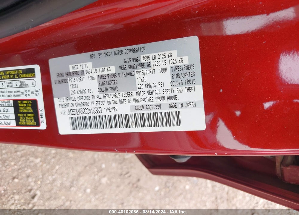 2012 MAZDA CX-7 I SV VIN: JM3ER2A52C0419383