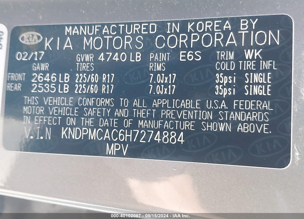 2017 KIA SPORTAGE LX VIN: KNDPMCAC6H7274884