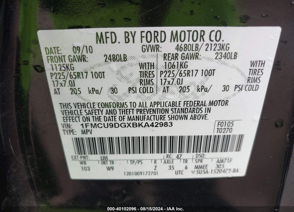 2011 FORD ESCAPE XLT VIN: 1FMCU9DGXBKA42983