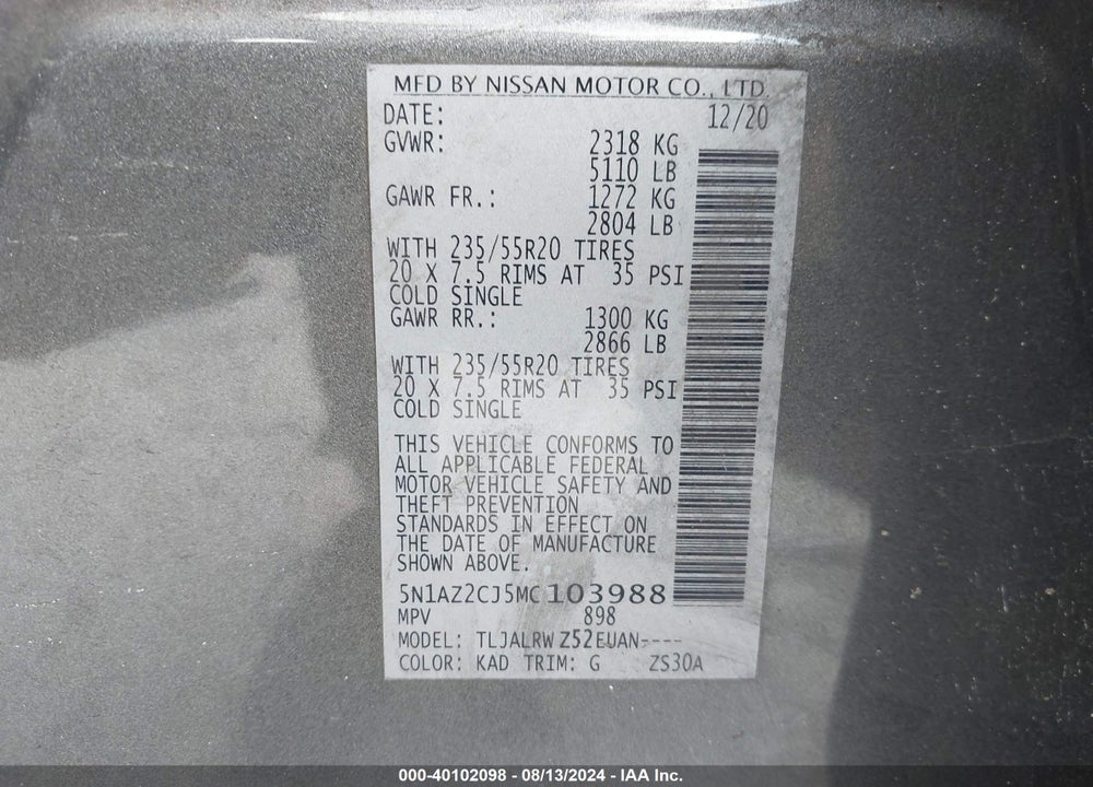 2021 NISSAN MURANO SL FWD VIN: 5N1AZ2CJ5MC103988