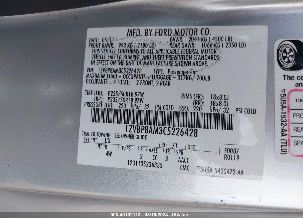 2012 FORD MUSTANG V6 PREMIUM VIN: 1ZVBP8AM3C5226428