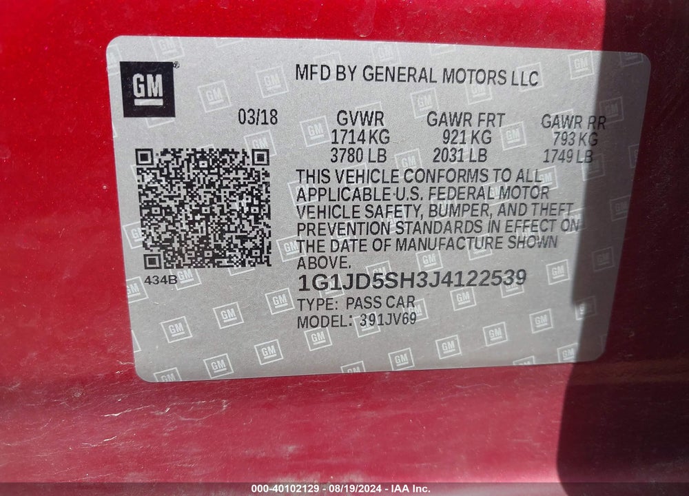 2018 CHEVROLET SONIC LT AUTO VIN: 1G1JD5SH3J4122539