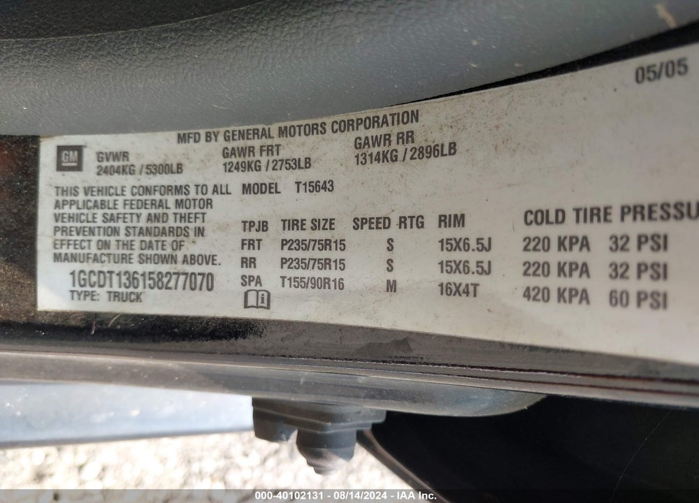 2005 CHEVROLET COLORADO LS VIN: 1GCDT136158277070