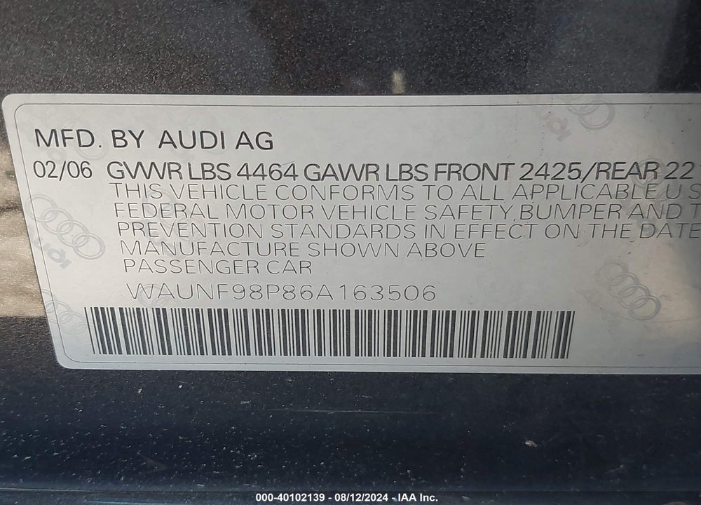 2006 AUDI A3 2.0T VIN: WAUNF98P86A163506