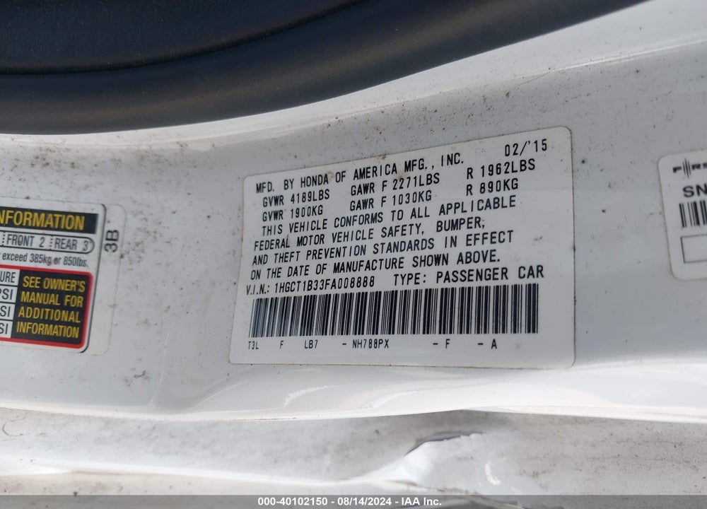 2015 HONDA ACCORD LX-S VIN: 1HGCT1B33FA008888