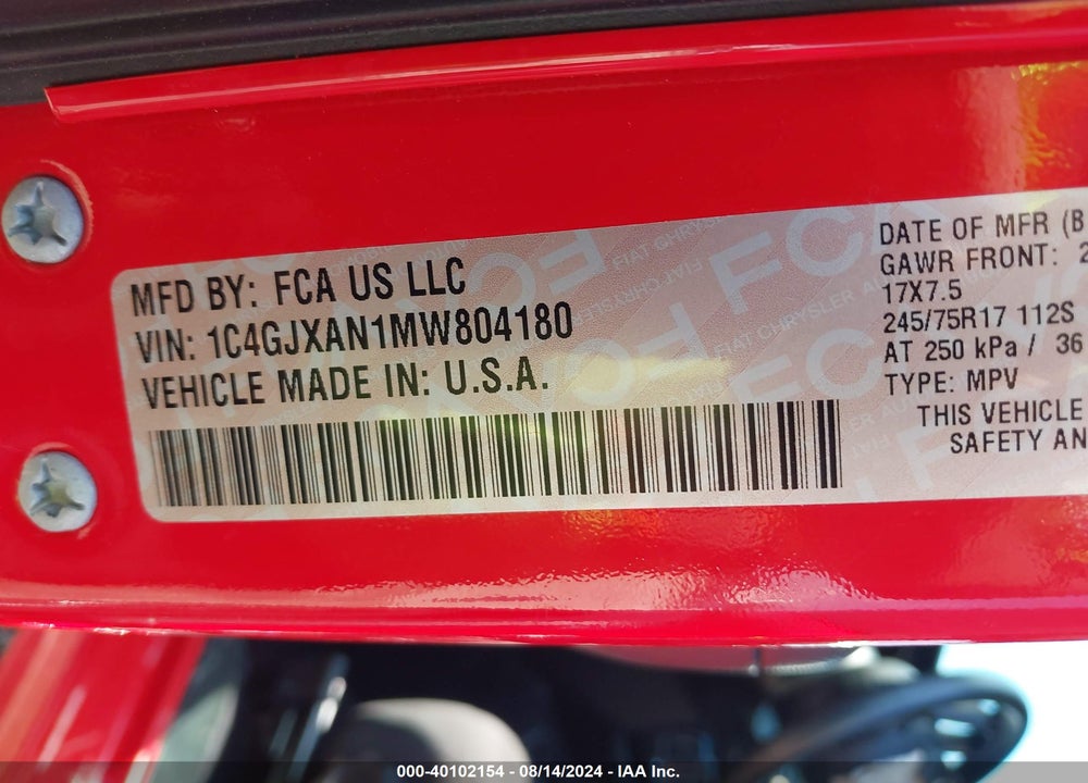 2021 JEEP WRANGLER SPORT S 4X4 VIN: 1C4GJXAN1MW804180