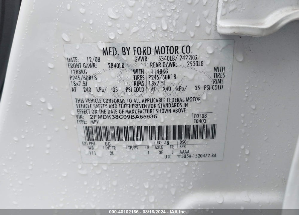 2009 FORD EDGE SEL VIN: 2FMDK38C09BA65935
