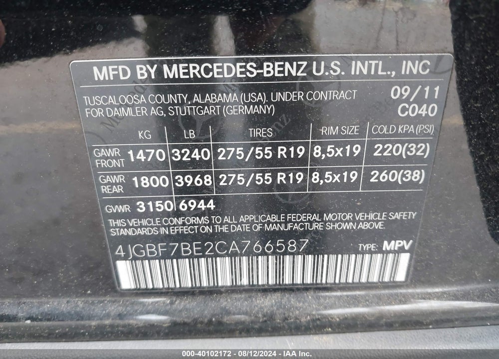 2012 MERCEDES-BENZ GL 450 4MATIC VIN: 4JGBF7BE2CA766587