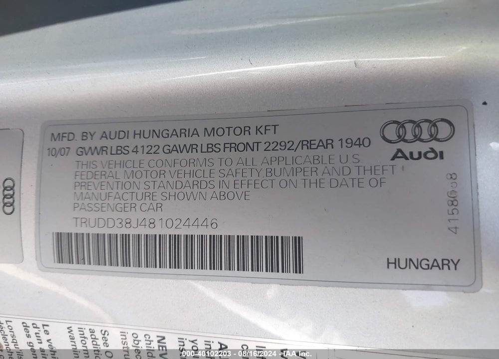 2008 AUDI TT 3.2 VIN: TRUDD38J481024446
