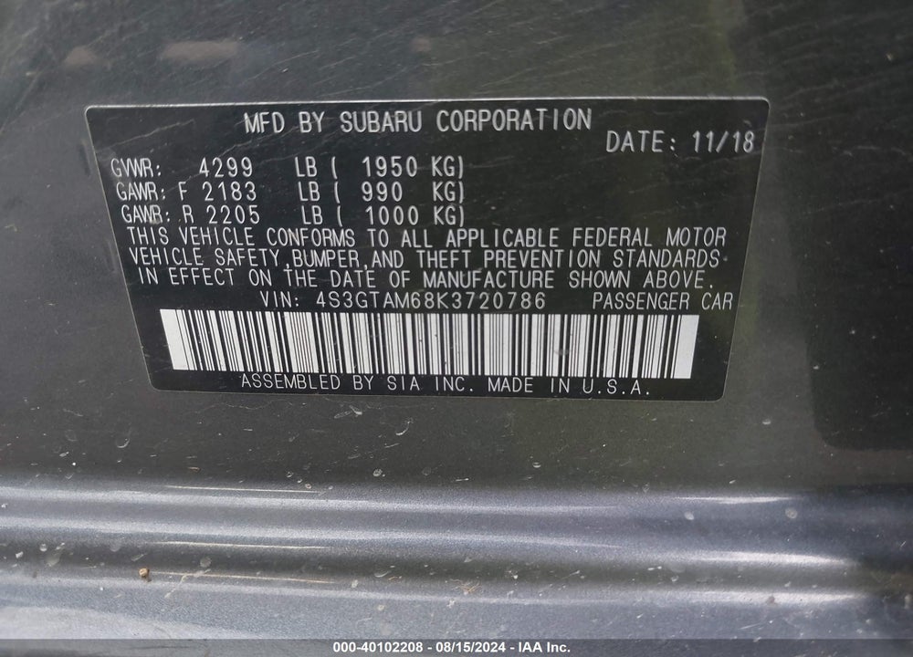 2019 SUBARU IMPREZA 2.0I SPORT VIN: 4S3GTAM68K3720786