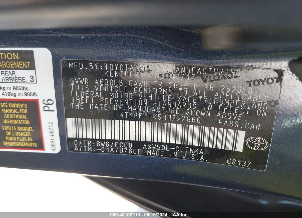 2017 TOYOTA CAMRY LE VIN: 4T1BF1FK5HU727866