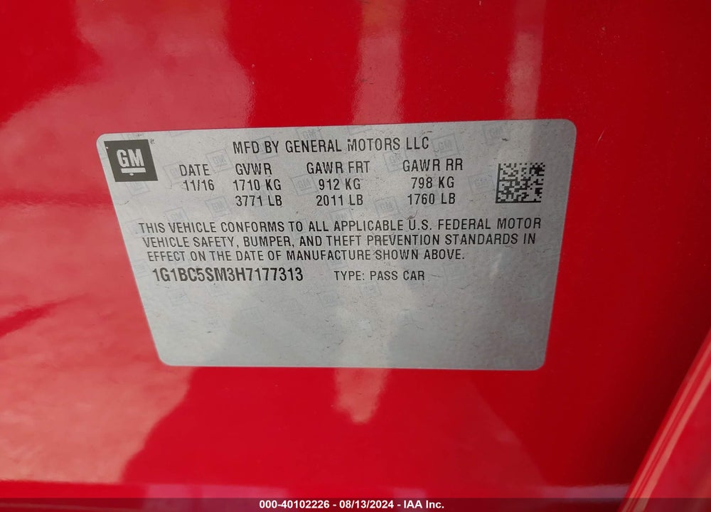 2017 CHEVROLET CRUZE LS AUTO VIN: 1G1BC5SM3H7177313