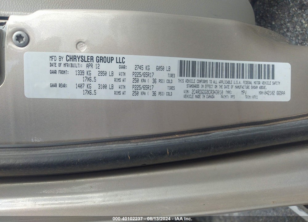 2012 DODGE GRAND CARAVAN CREW VIN: 2C4RDGDG9CR343010