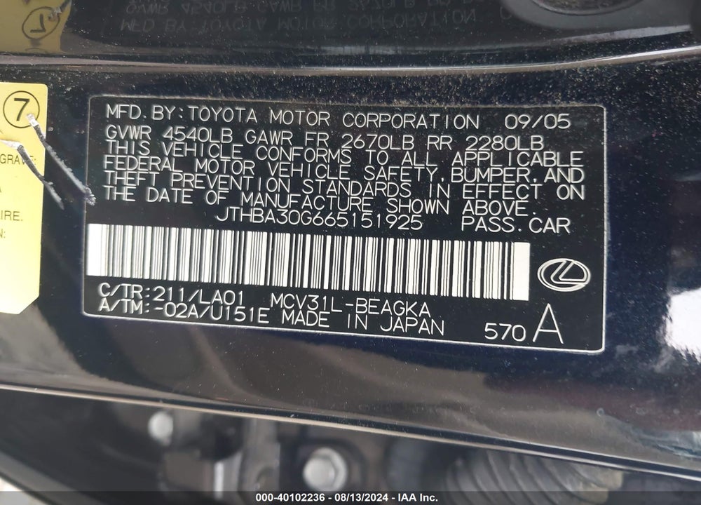 2006 LEXUS ES 330 VIN: JTHBA30G665151925