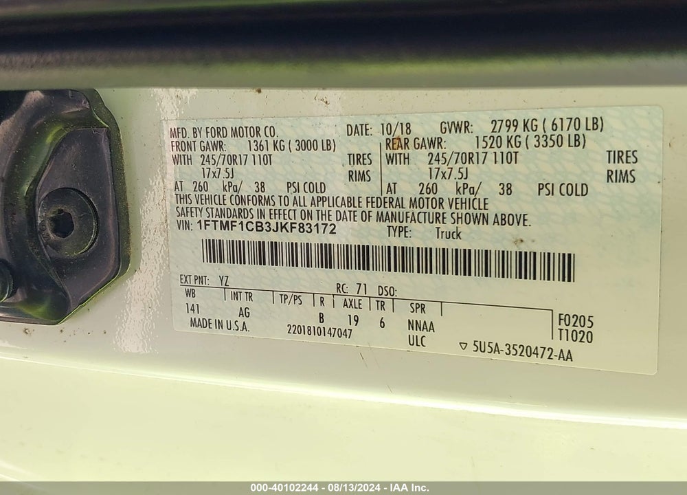 2018 FORD F-150 XL VIN: 1FTMF1CB3JKF83172