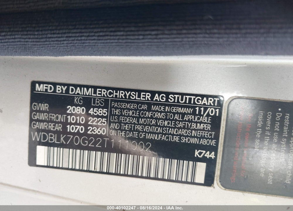 2002 MERCEDES-BENZ CLK 430 VIN: WDBLK70G22T111002