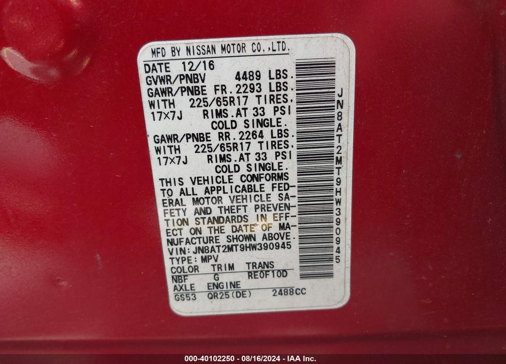 2017 NISSAN ROGUE S VIN: JN8AT2MT9HW390945