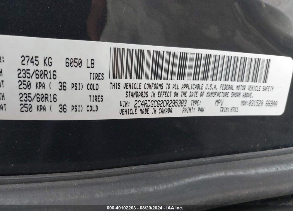 2012 DODGE GRAND CARAVAN SXT VIN: 2C4RDGCG2CR295383